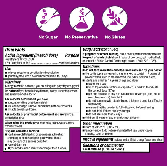 MiraLAX Orange Flav Laxative Powder 14 doses (2 Pack / 28 Doses Total) Exp 6/27