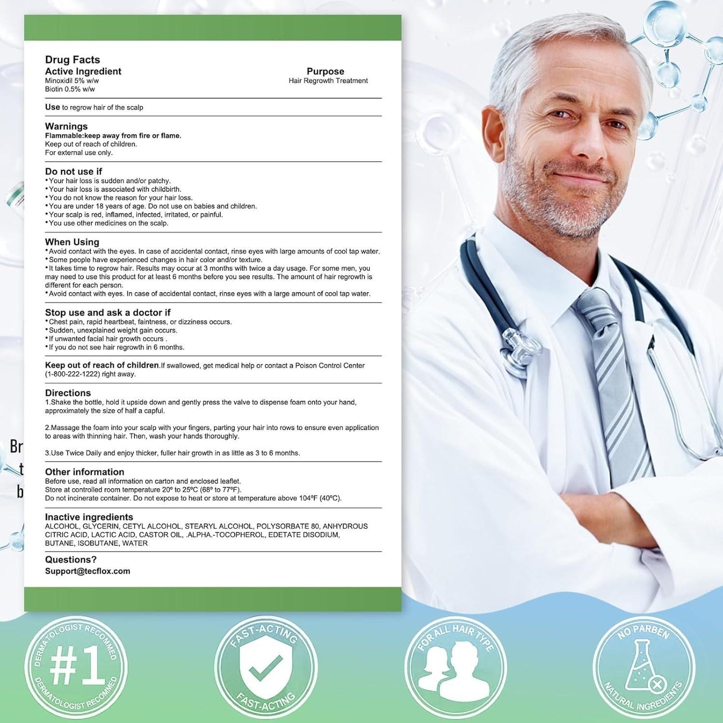 TecFlox Minoxidil Topical Aerosol, 5% (foam) Men & Women, 3 Months, Free Ship!