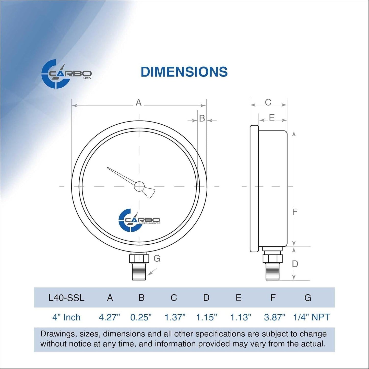 Carbo Instruments 4” Pressure Gauge Liquid Filled, -30 HG/0 - New - Free Ship!