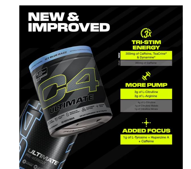 C4 Ultimate Pre-Workout Powder, Icy Blue Razz, 20 Servings for Energy Boost - NEW!
