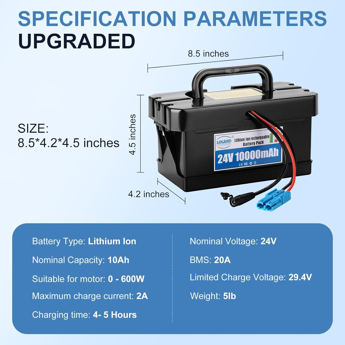 Lolrko 24 Volts, 10Ah Lithium Ion Rechargeable Battery w/ Charger - New!