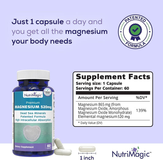 NutriMagic Premium Magnesium 60 Capsules, 520mg - EXP 4/26, Free Ship!