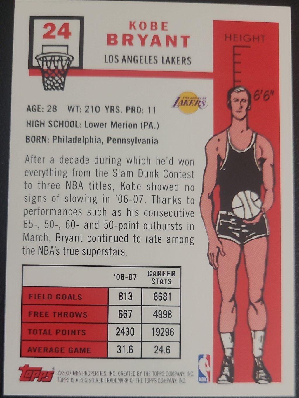 Kobe Bryant, Los Angeles Lakers, Jersey #24, Card #24, 2007 Topps 50th Anniver.