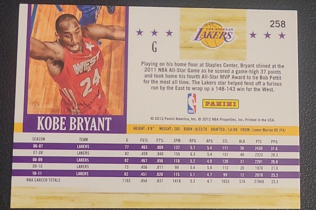Kobe Bryant, 2011 NBA All Stars West, Jersey #24, Card #258, 2012 Panini