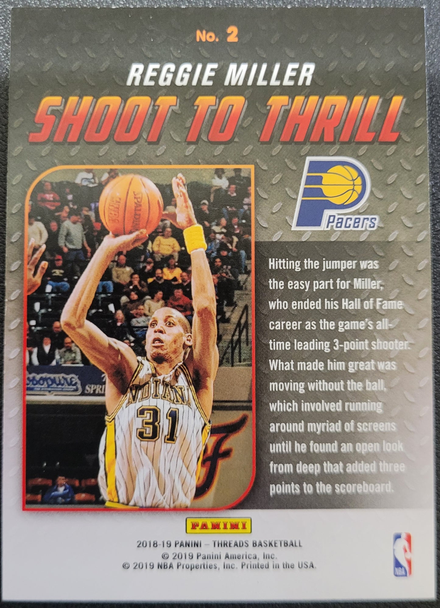 2018-19 Panini Threads #2 Reggie Miller Shoot to Thrill Dazzle