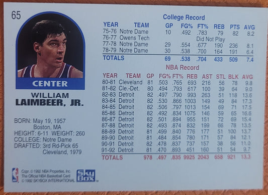 1992-93 Hoops #65 Bill Laimbeer