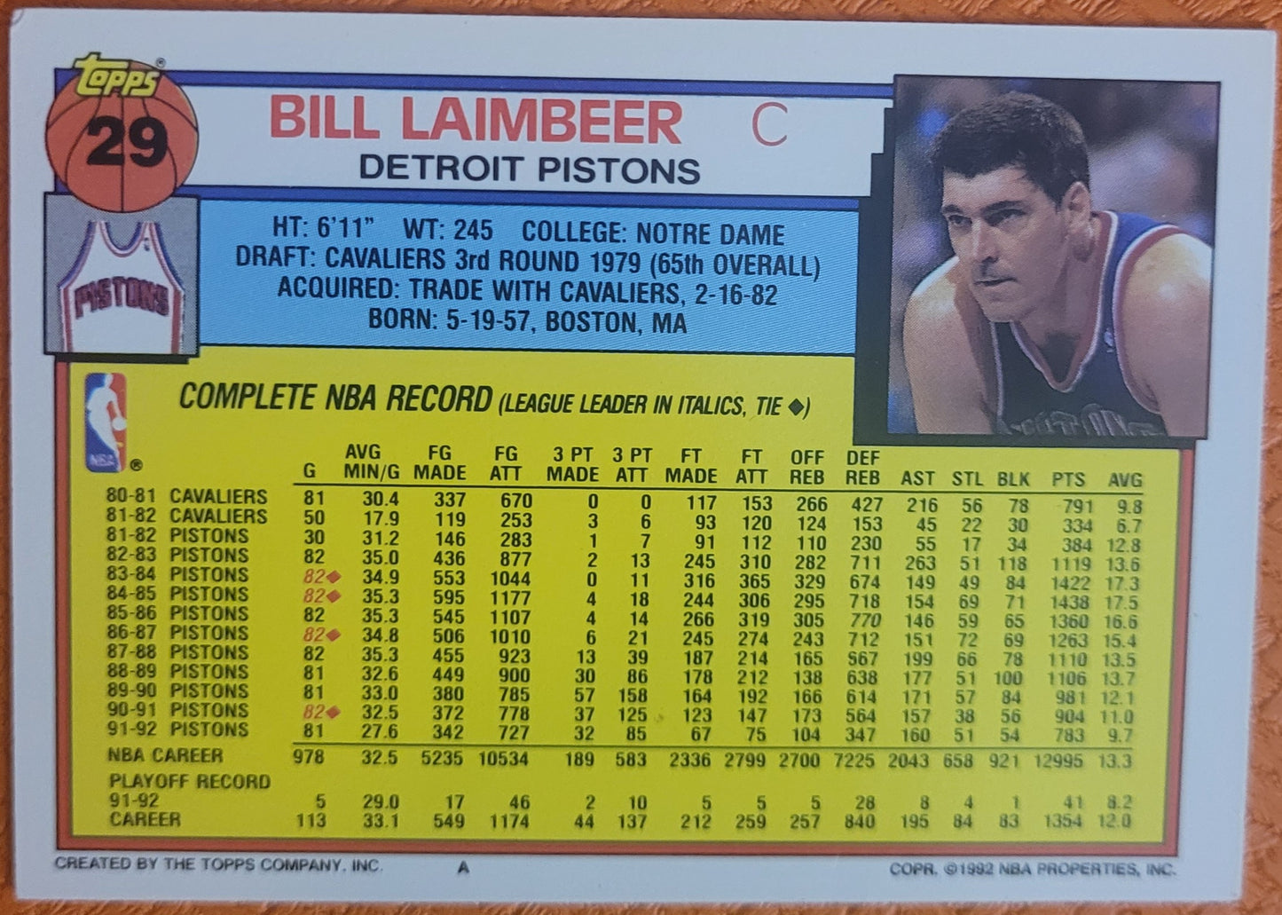 1992-93 Topps #29 Bill Laimbeer