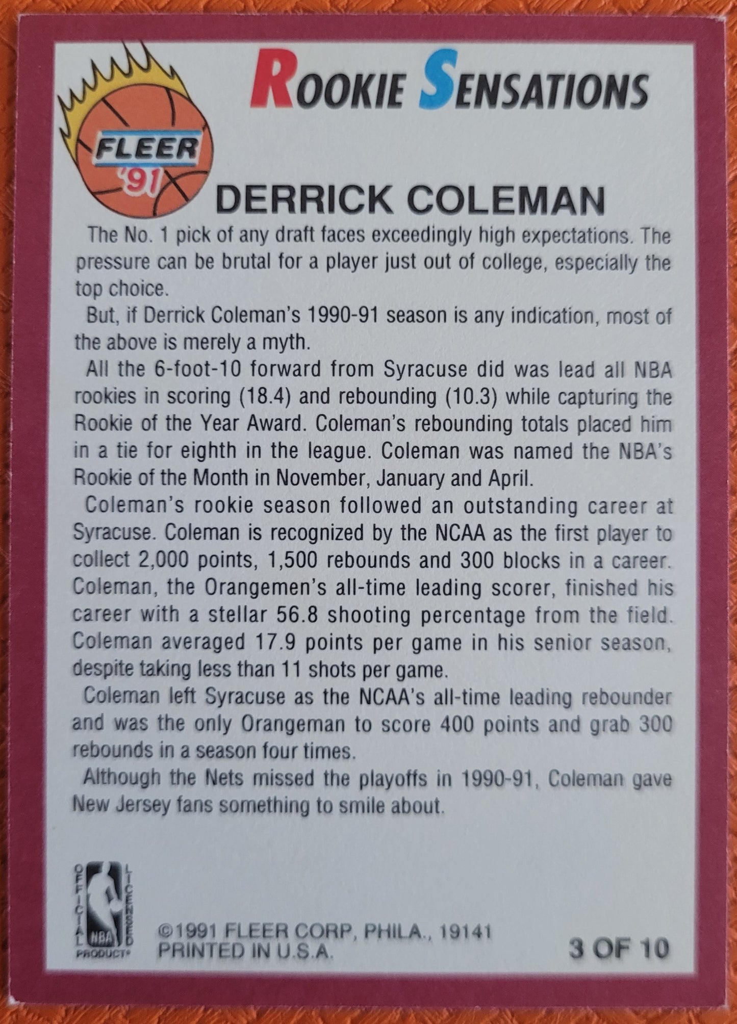 1991-92 Fleer #3 Derrick Coleman Rookie Sensations