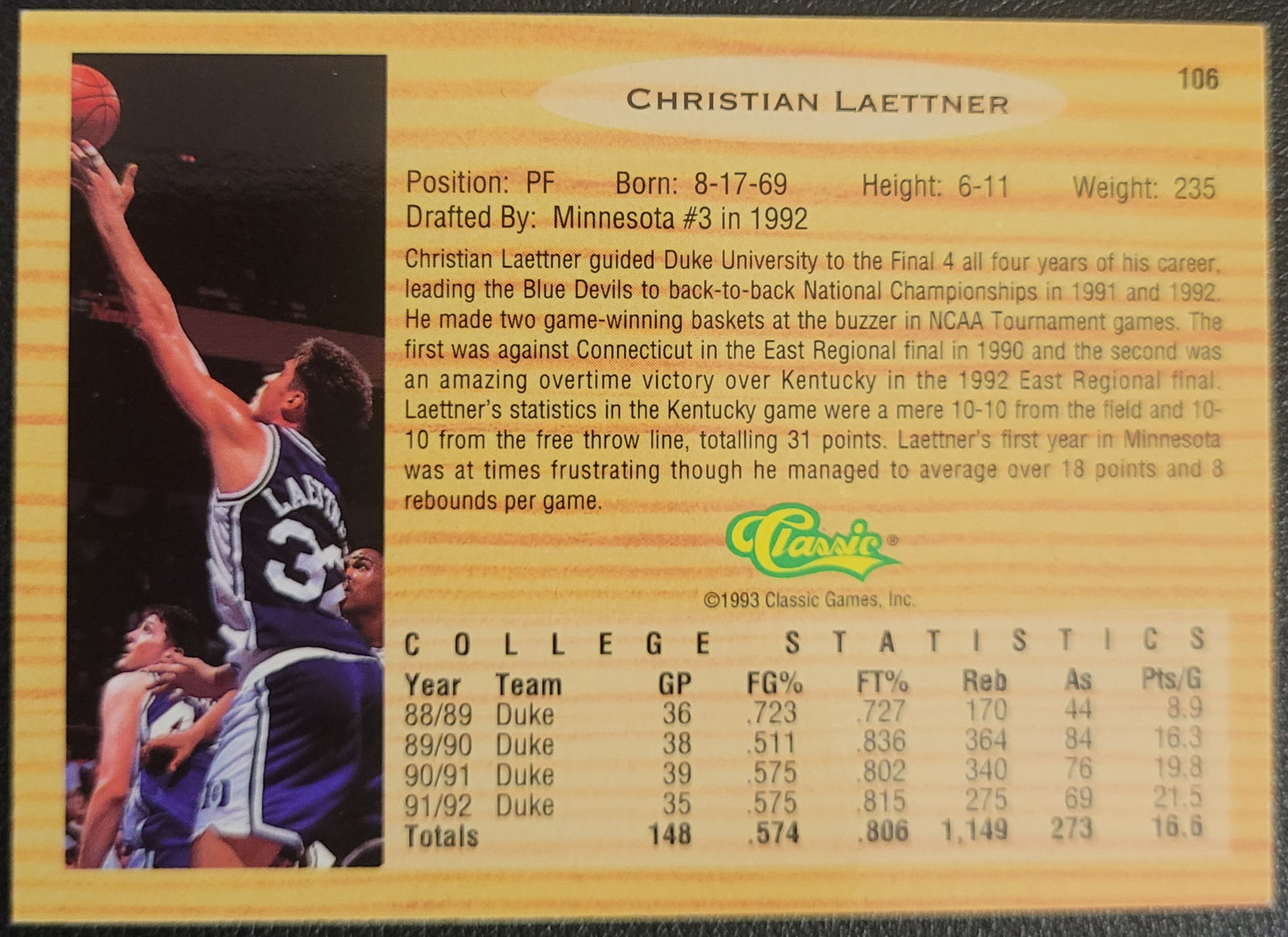 1993 Classic Draft Picks #106 Christian Laettner