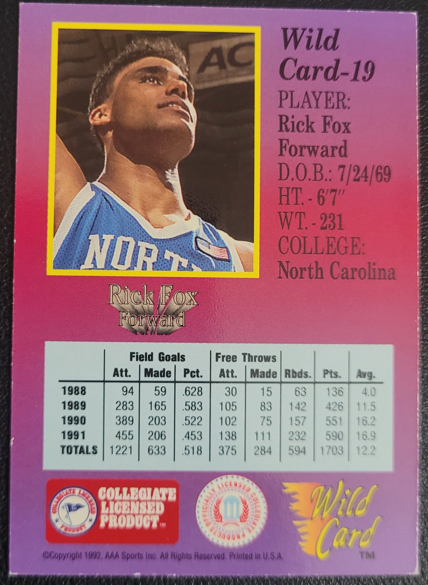 1991-92 Wild Card #19 Rick Fox