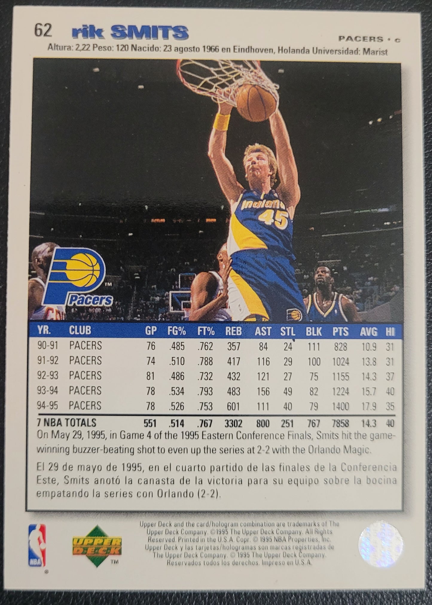 1995-96 Collector's Choice Spanish I #62 Rik Smits