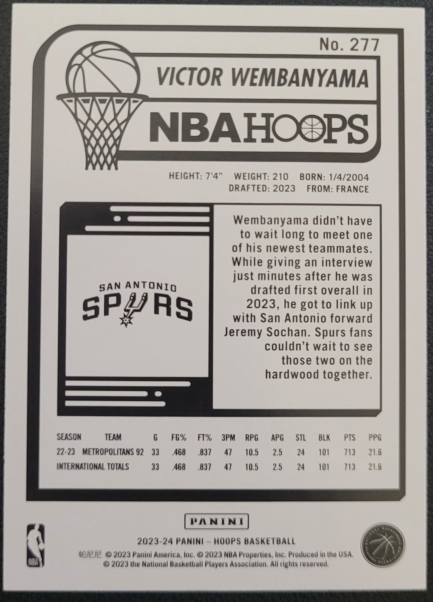 2023-24 Hoops Winter #277 Victor Wembanyama Rookie Card
