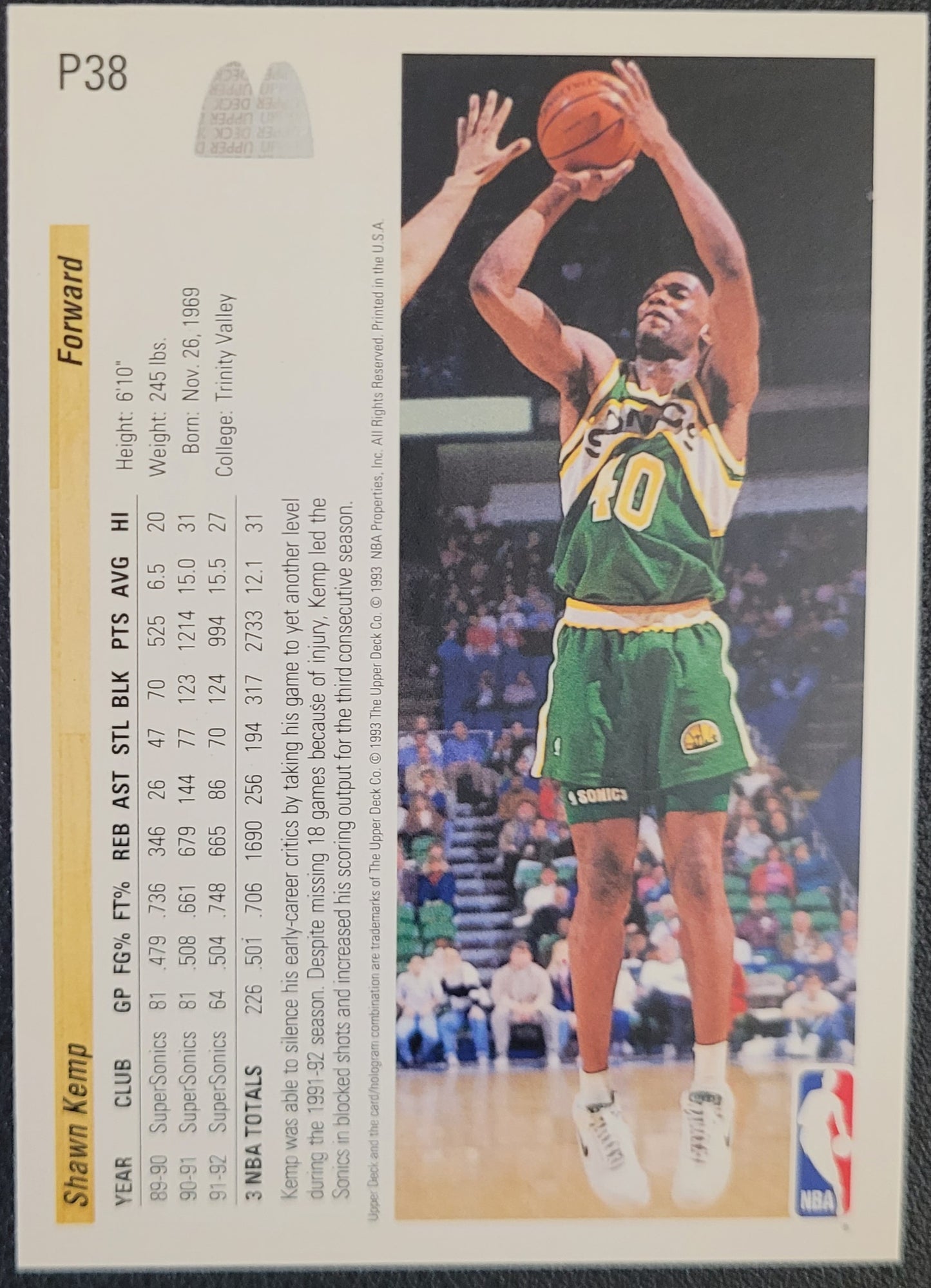 1992-93 Upper Deck McDonald's #P38 Shawn Kemp