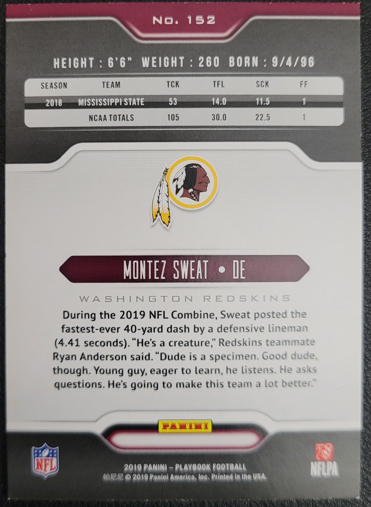 2019 Panini Playbook #152 Montez Sweat