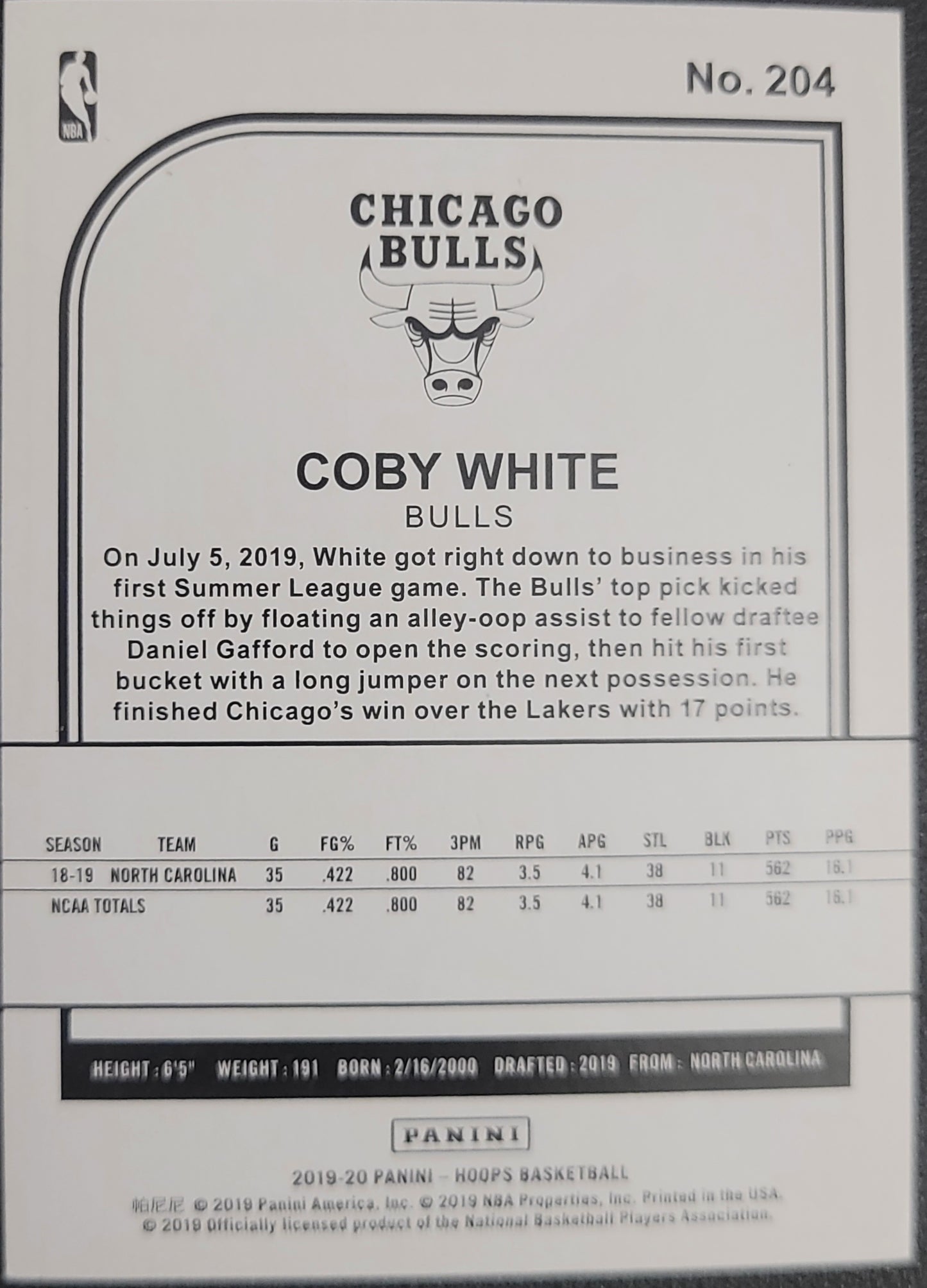 2019-20 Hoops #204 Coby White