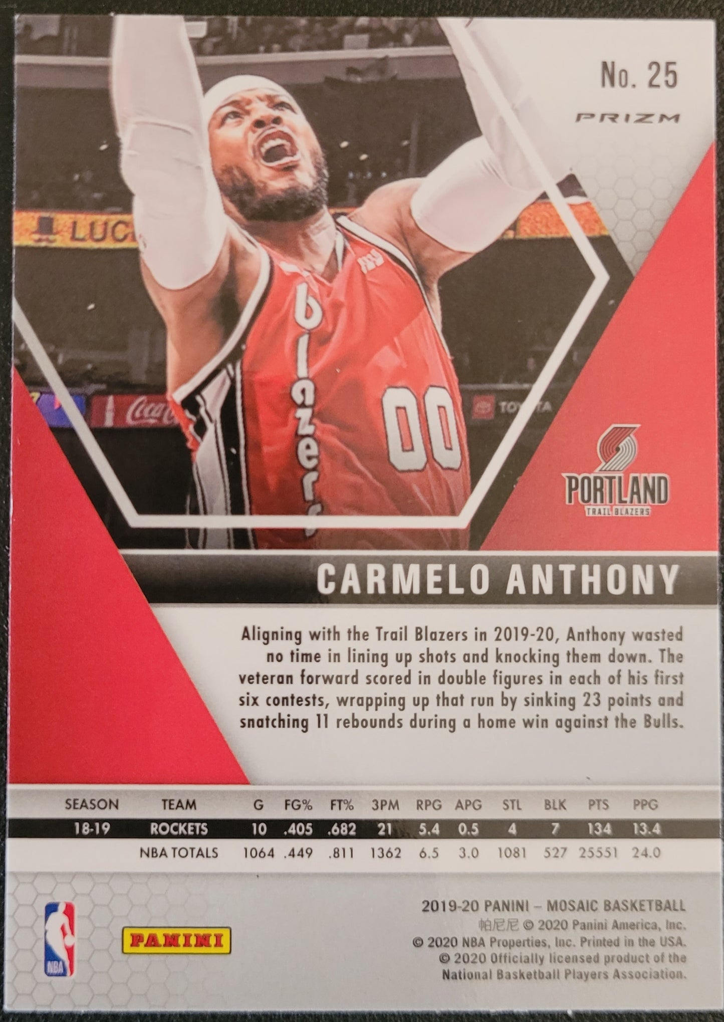 2019-20 Panini Mosaic #25 Carmelo Anthony Silver Prizm
