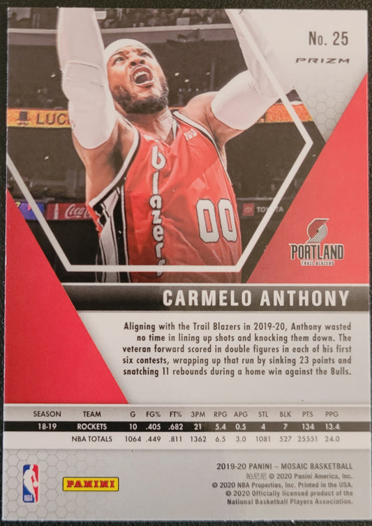 2019-20 Panini Mosaic #25 Carmelo Anthony Silver Prizm