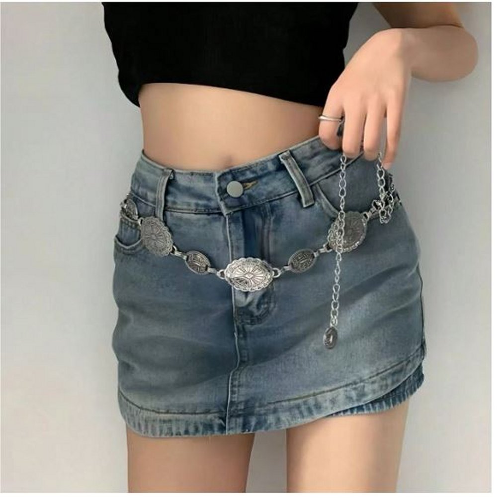 Western Style Silver Metal Concho Chain Belt for Women, 59"