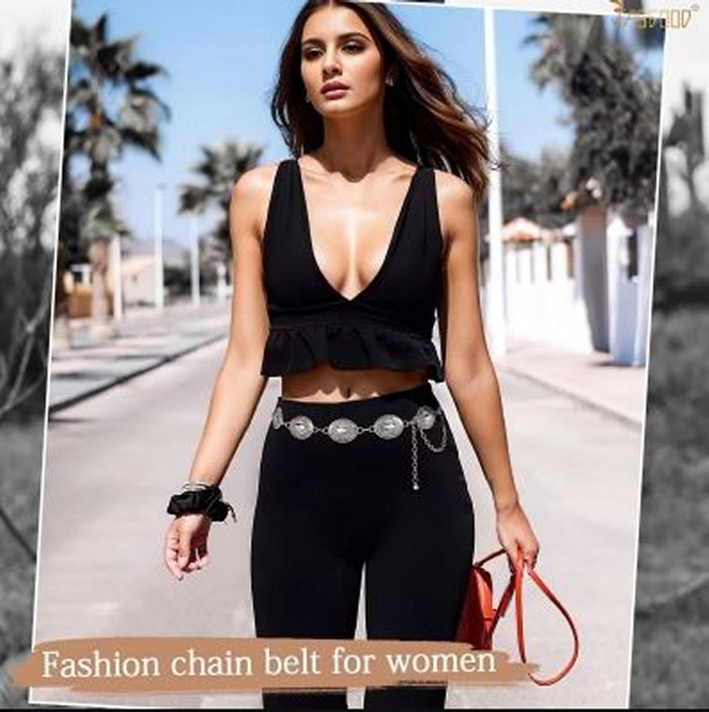Western Style Silver Metal Concho Chain Belt for Women, 59"