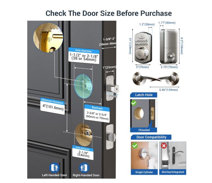 Veise Fingerprint Keyless Entry Door Lock with Handles, Electronic Keypad - NEW!