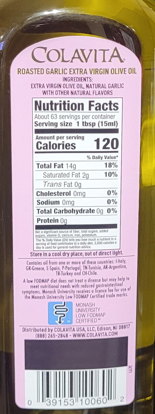 Colavita Roasted Garlic Extra Virgin Olive Oil, 32 fl oz, Low Fodmap Cert., New!