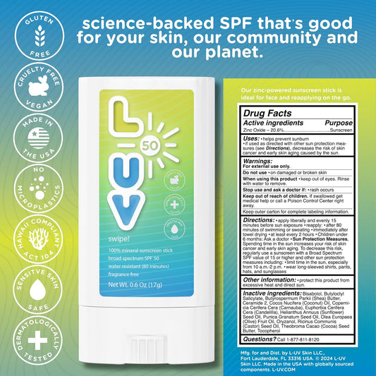 L-UV swipe! SPF 50 Mineral Sunscreen Stick, .6 oz, Trusted Protection, Exp. 6/27