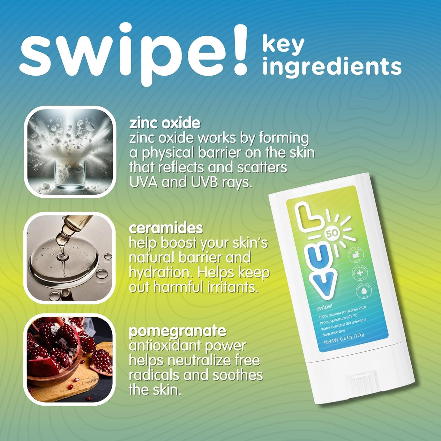 L-UV swipe! SPF 50 Mineral Sunscreen Stick, .6 oz, Trusted Protection, Exp. 6/27