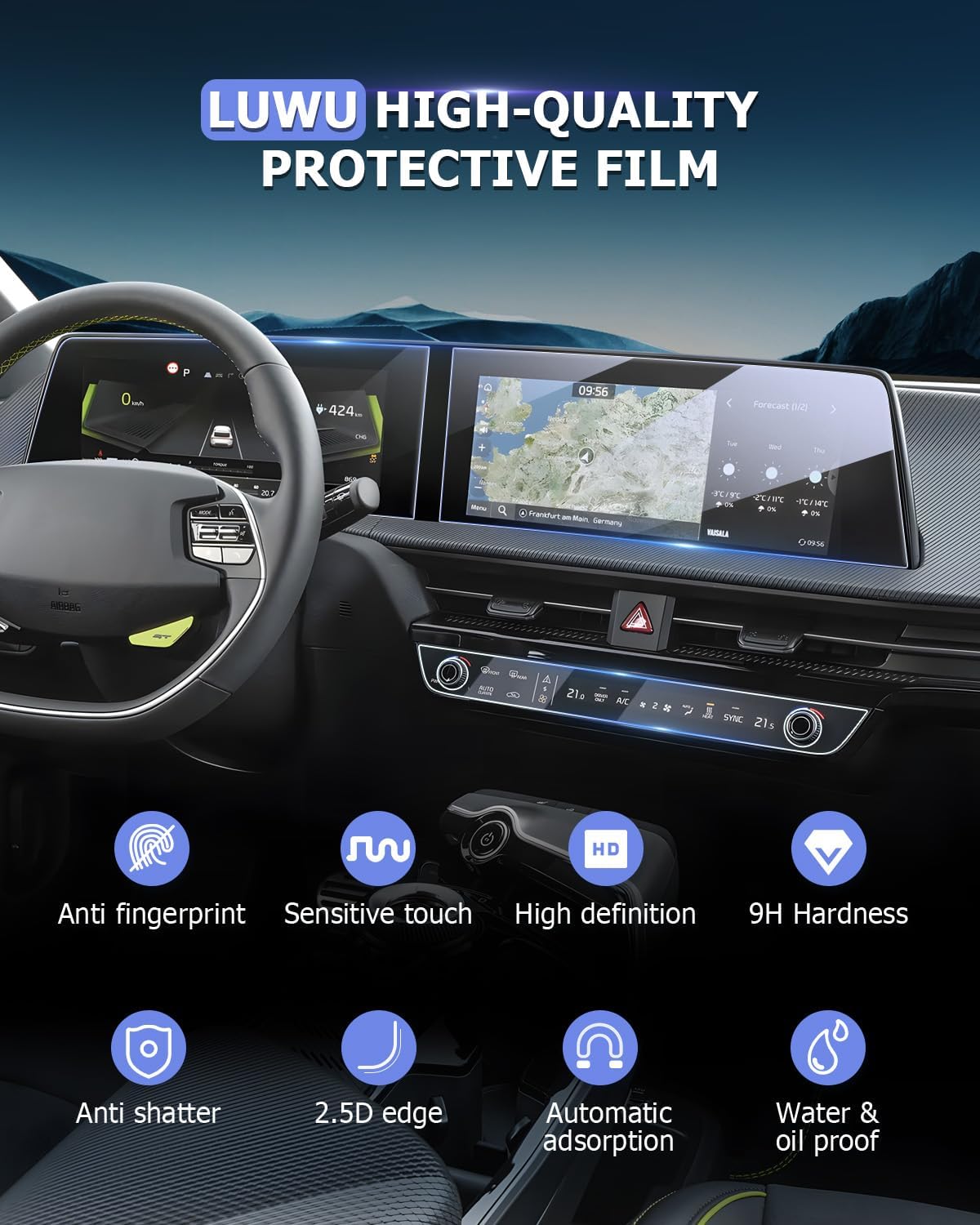 Luwu Tempered Glass Screen Protector for 2022-2025 Kia EV6, Dash & Nav Coverage