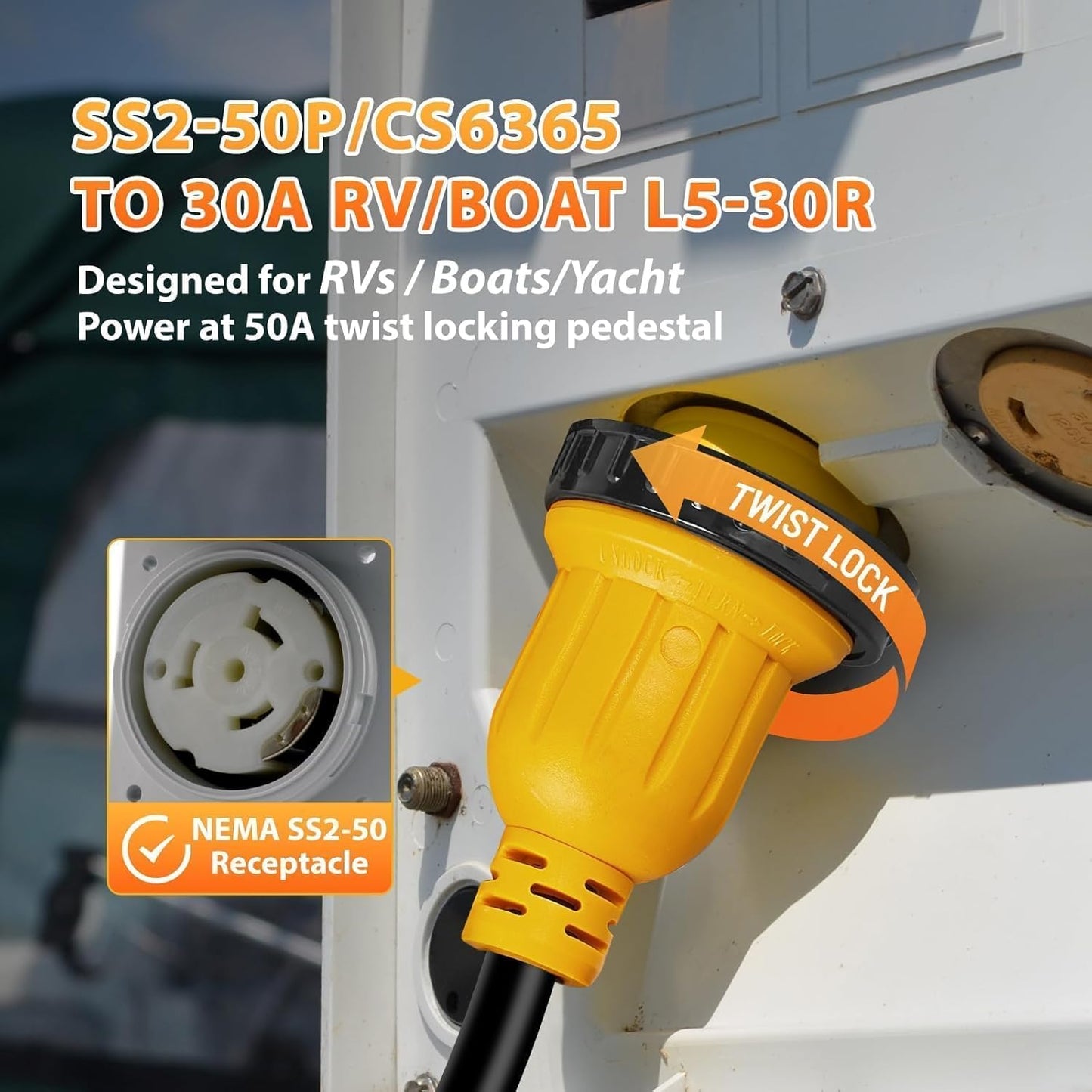 MECMO Marine Boat Y Splitter Cord, 50A Male to 2 Female w/ Locking Rings - New!