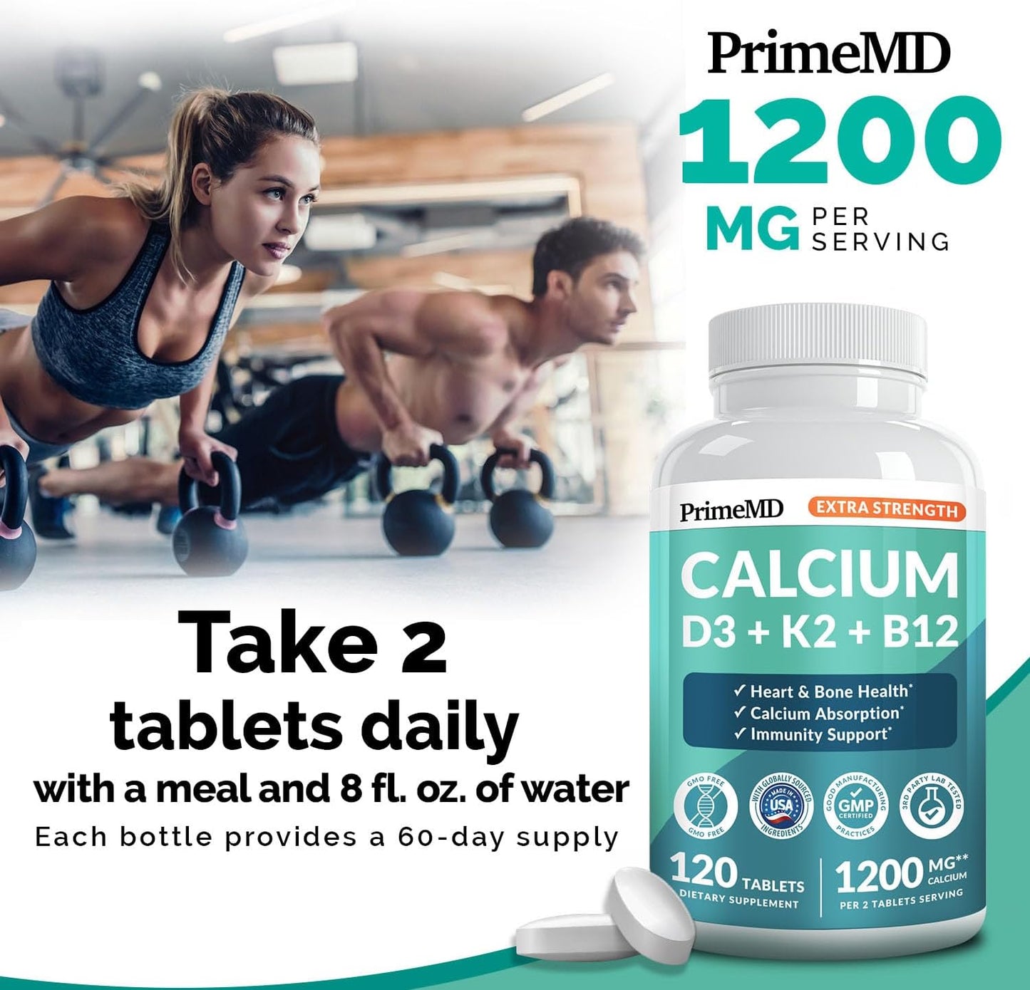 PrimeMD Extra Strength Calcium D3 + K2 + B12, 120 Tablets, 1201 mg, Exp. 6/2027