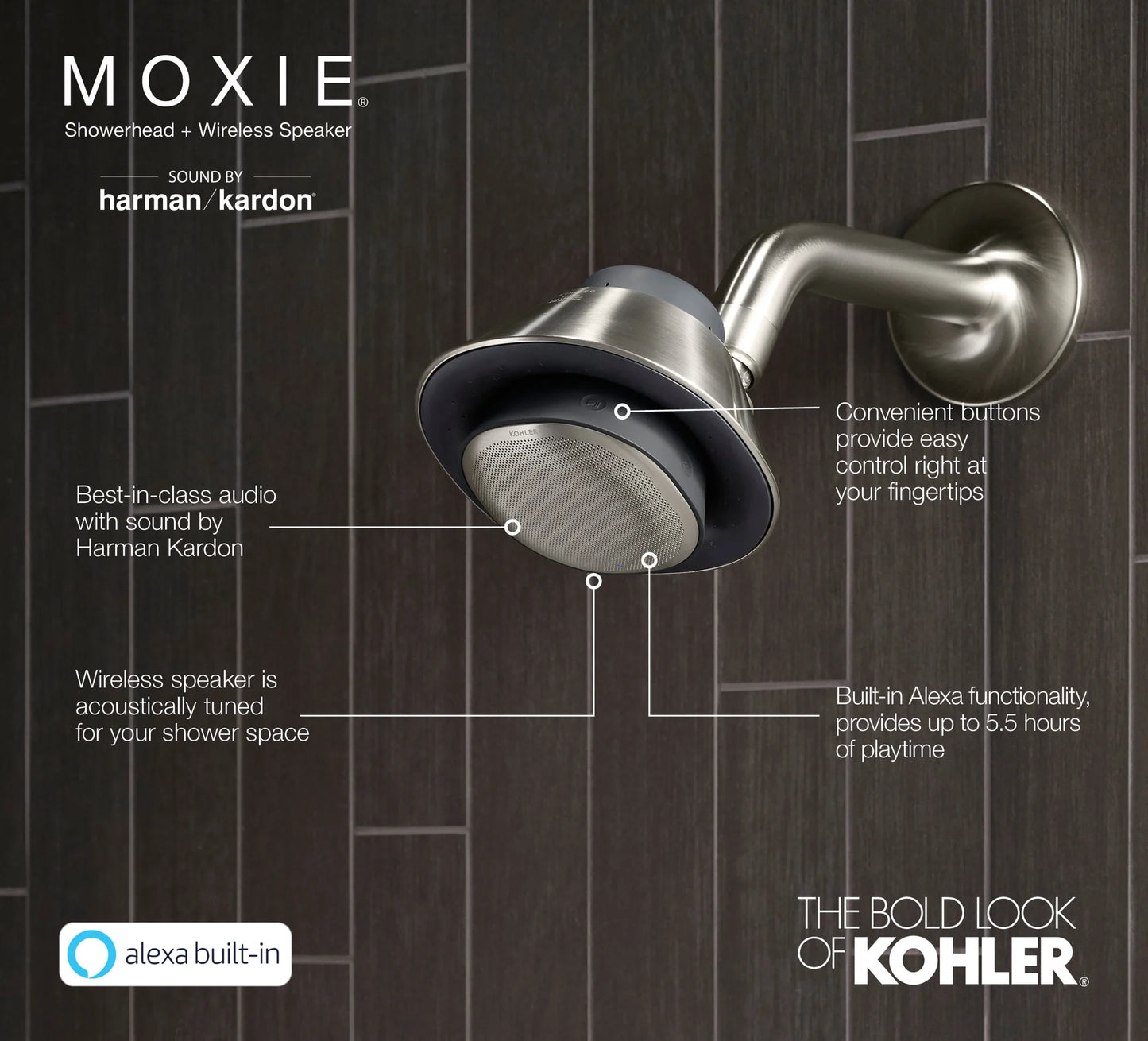 Kohler Moxie 2.5 GPM Shower Head with Bluetooth Speaker - Brushed Nickel, New!