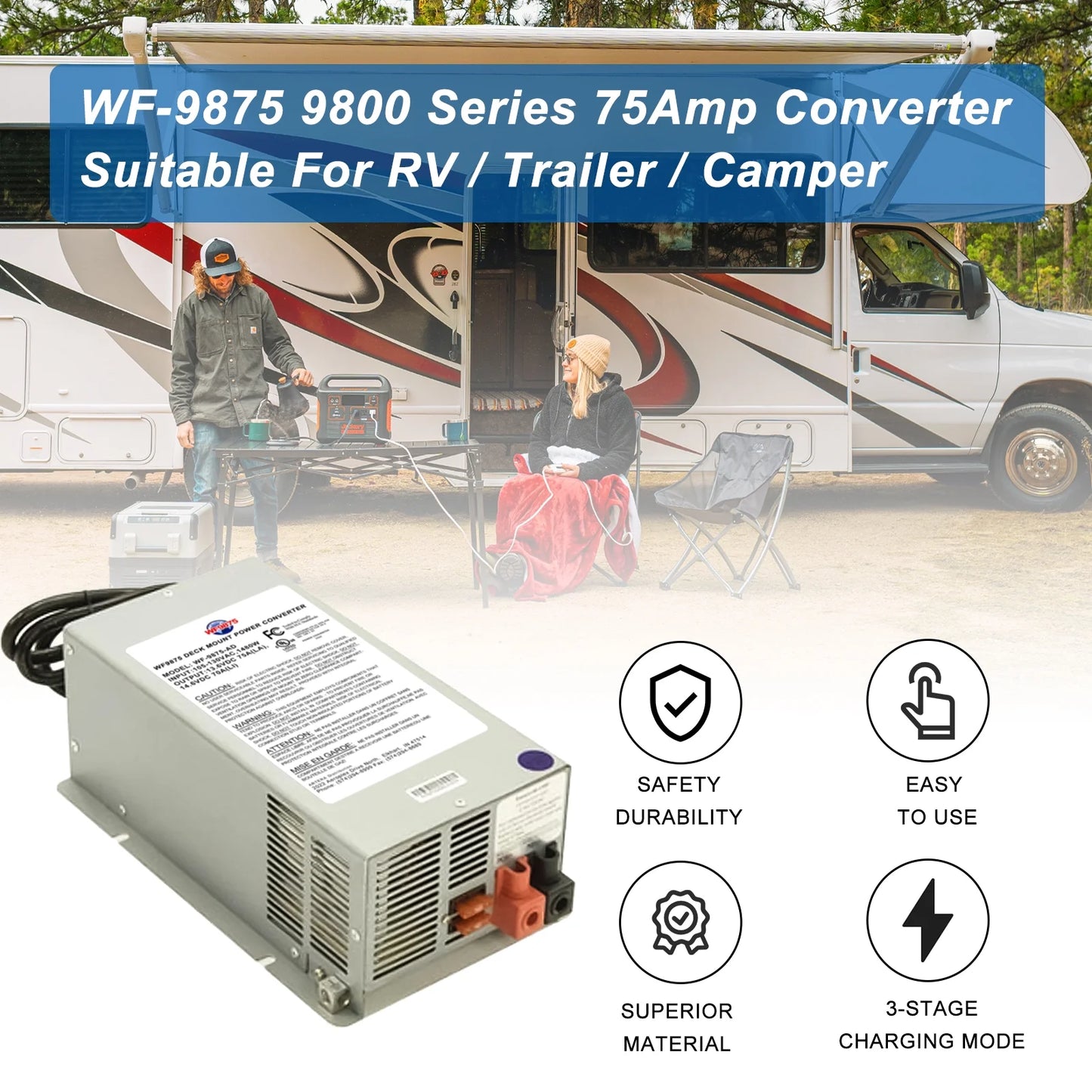 WF-9875-AD Model, 75 Amp DC Output Converter Charger for RV Deck Mount, New!