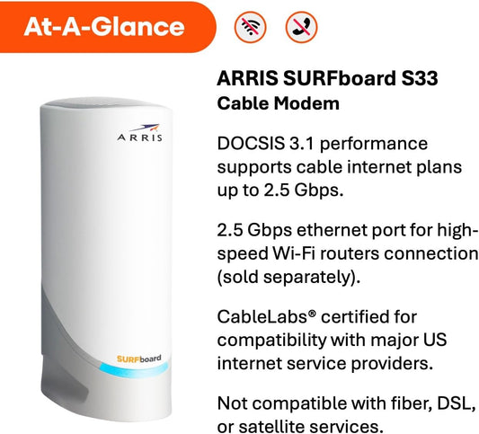 ARRIS SURFboard S33 DOCSIS 3.1 Multi‑Gig Cable Modem | 2.5Gbps, New - Free Ship!