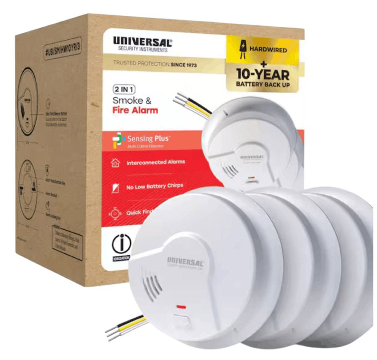 Universal Security Instruments 2 IN 1 Smoke & Fire Detector, Hardwired, 3 PACK