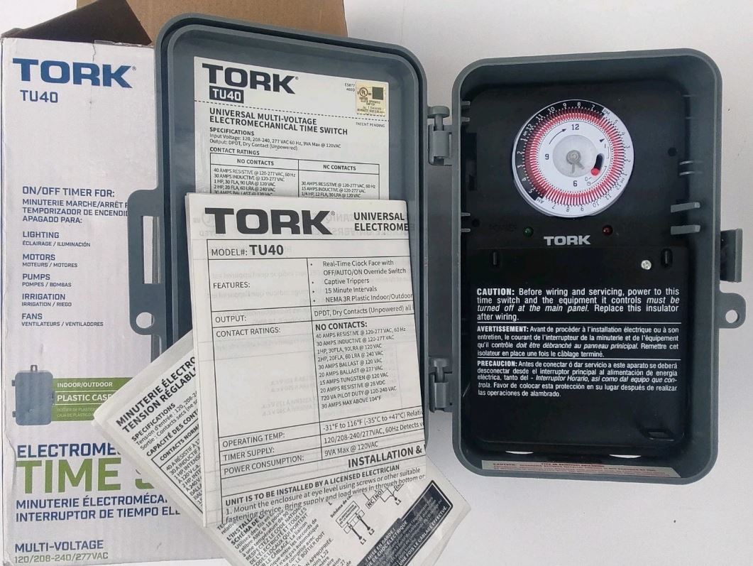 Tork TU40 Electromechanical Time Switch, Multi-Voltage w/ Plastic Case, New (OB)