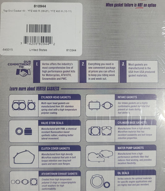 Vertex-Winderosa 810944 Top End Gasket Kit for Yamaha YFZ450R 2009-2018, New!