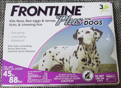 Frontline Plus for Large Dogs 45-88 lbs - 3 Doses, 1 Month Supply - New!