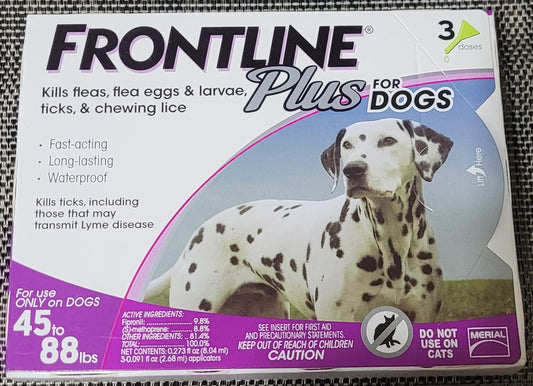 Frontline Plus for Large Dogs 45-88 lbs - 3 Doses, 1 Month Supply - New!