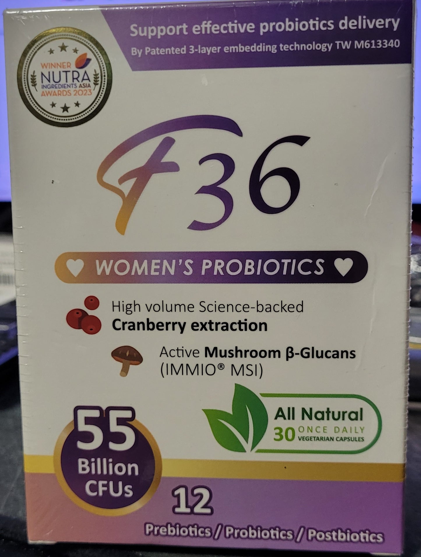 F36 Probiotics for Women, 55 Billion CFU, Mushroom Cranberry, 30 Caps, Exp. 9/26