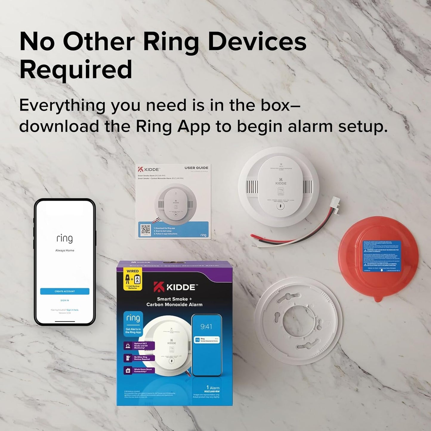 Kidde RGCUAR-RW Wired + Battery Smart WiFi Smoke + Carbon Detector w/ Ring Alert