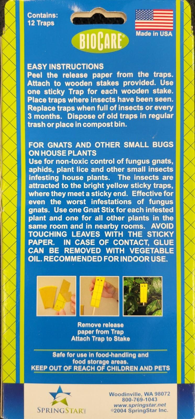 BioCare Gnat Stix Insect Traps for Gnats & Aphids,  12 Traps ea, New, Free Ship!