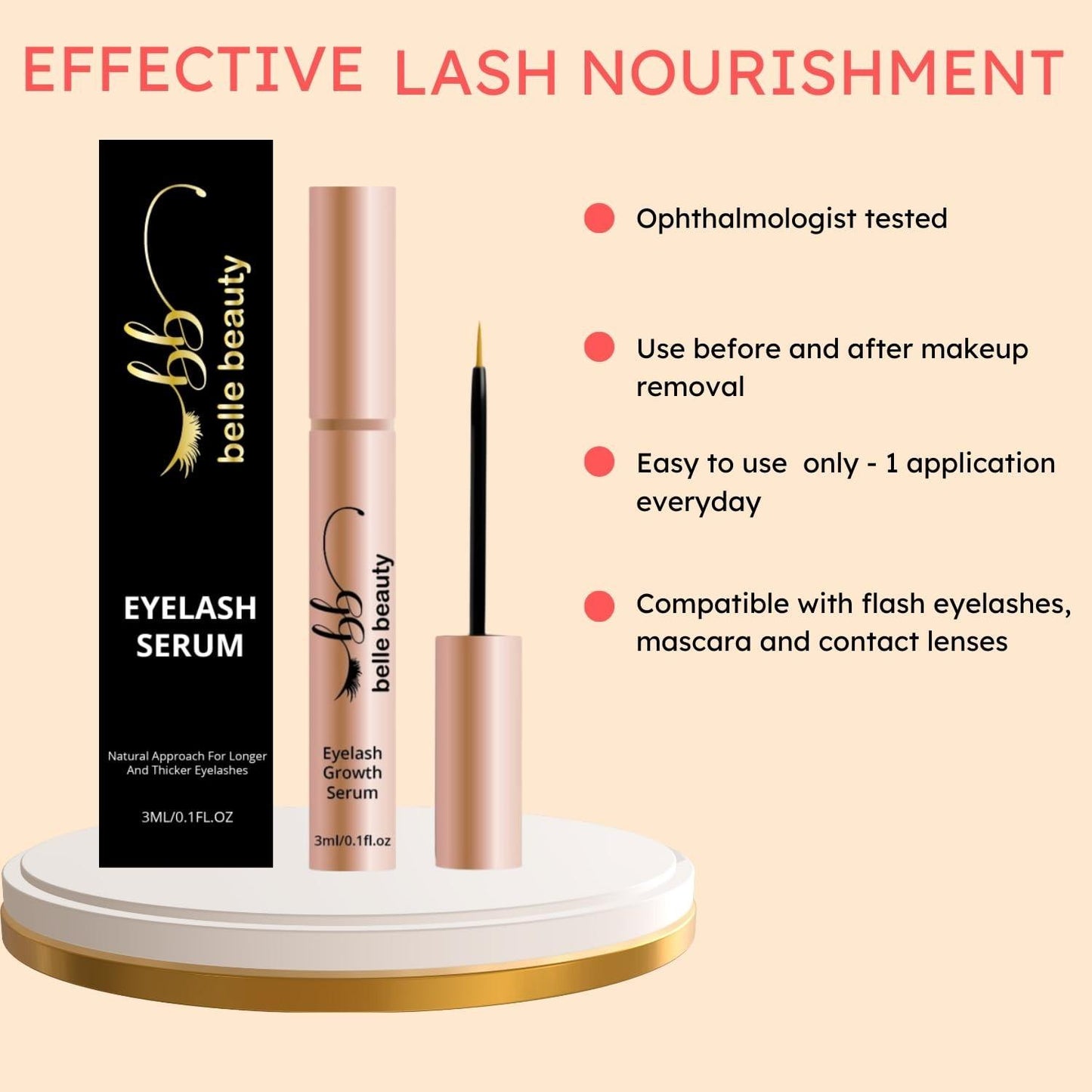 Belle Beauty Eyelash Growth Serum, 3ml / .1 fl oz - Free Shipping! - Exp. 10/27