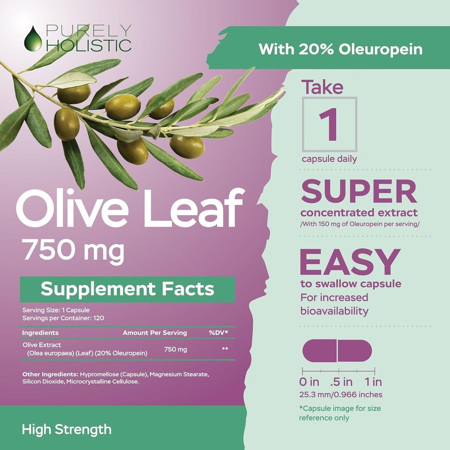 Purely Holistic Olive Leaf Extract, 750 mg, 120 capsules - Free Shipping!