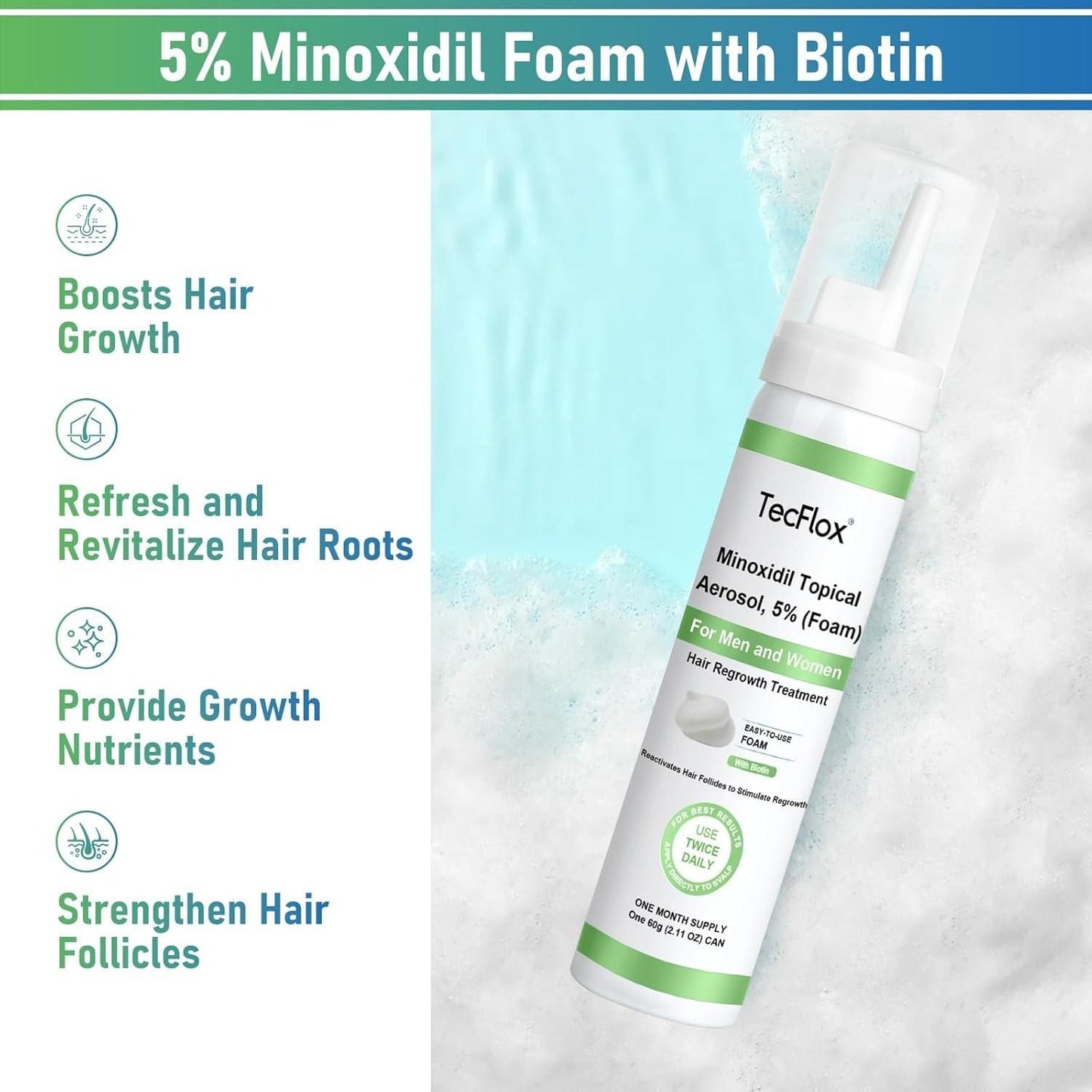 TecFlox Minoxidil Topical Aerosol, 5% (foam) Men & Women, 3 Months, Free Ship!