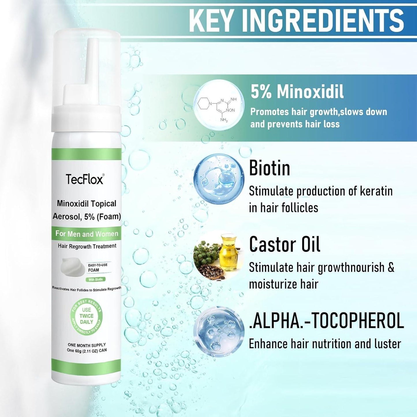 TecFlox Minoxidil Topical Aerosol, 5% (foam) Men & Women, 3 Months, Free Ship!