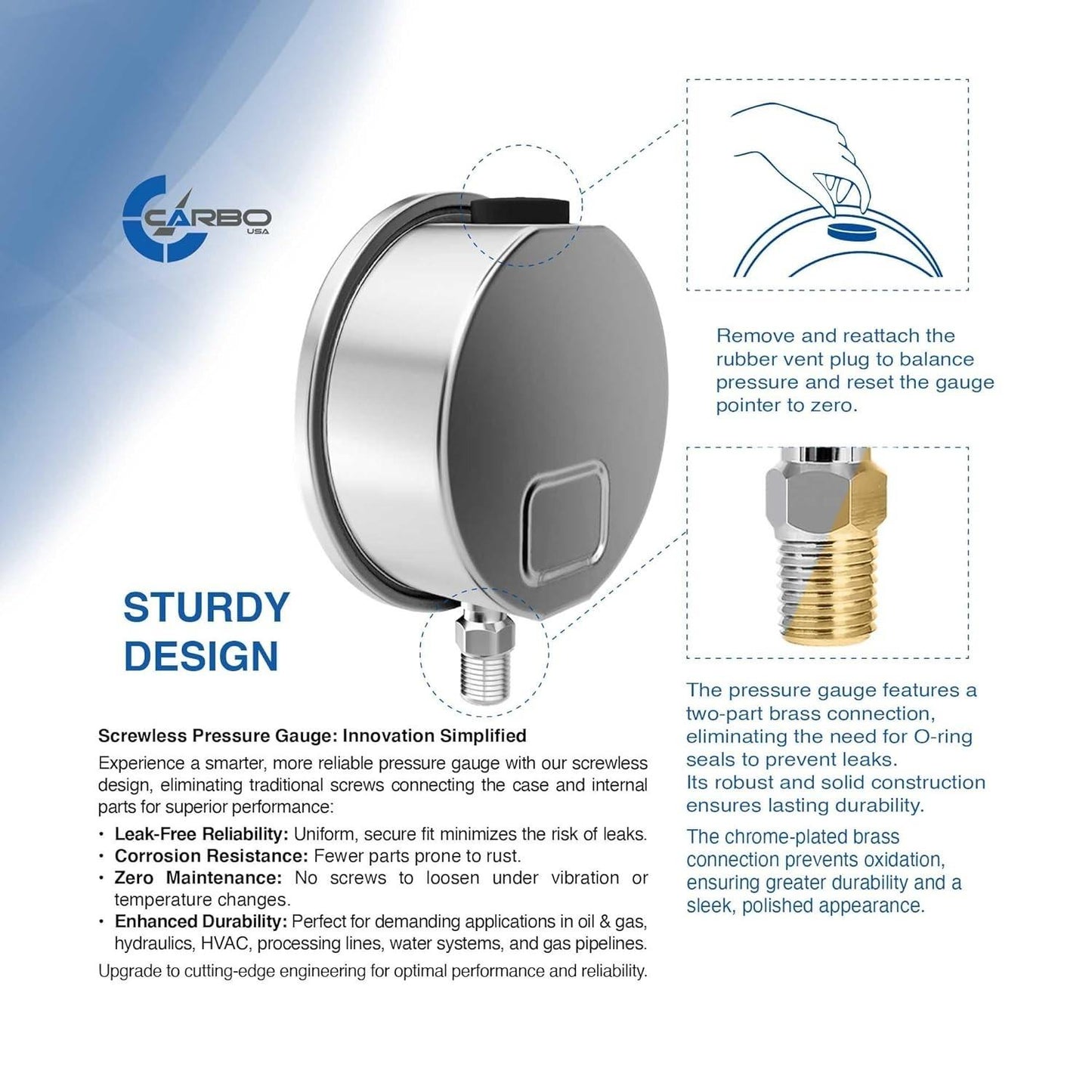 Carbo Instruments 4” Pressure Gauge Liquid Filled, -30 HG/0 - New - Free Ship!