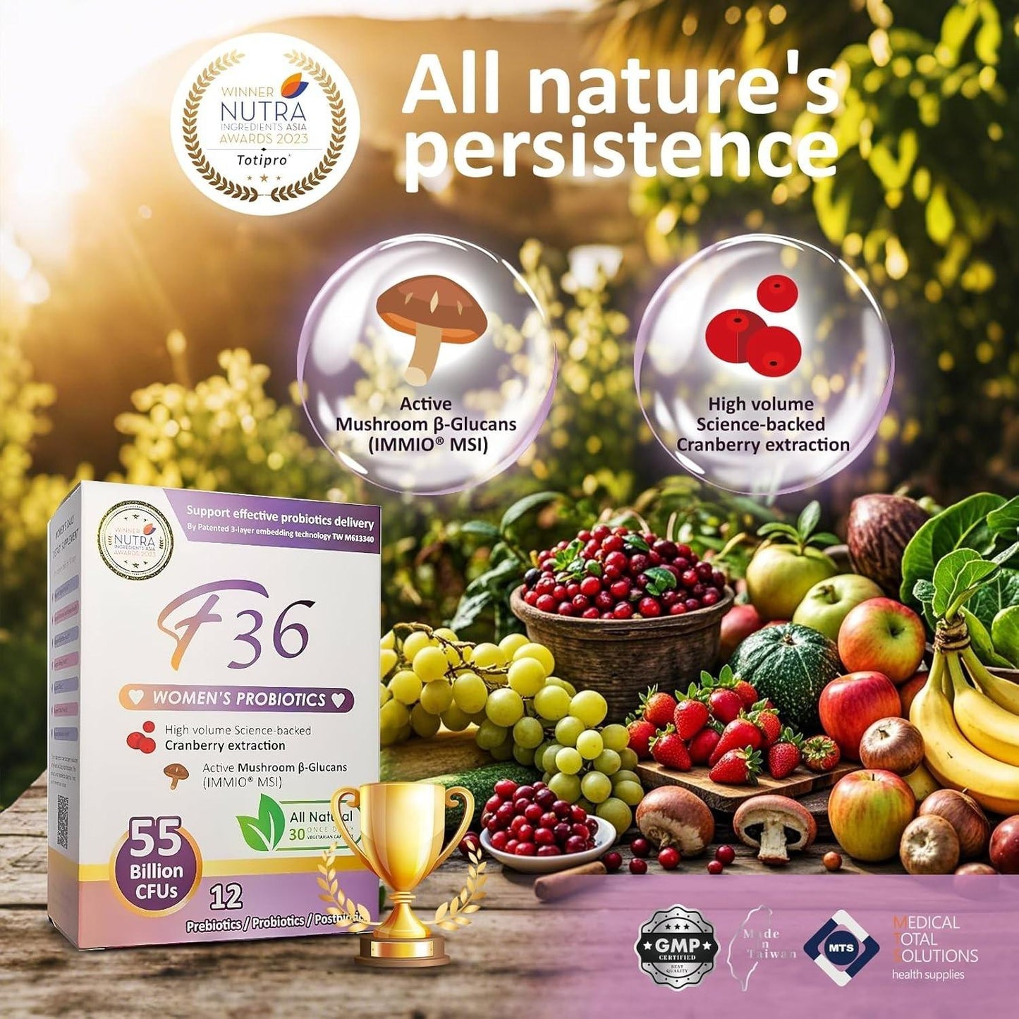 F36 Probiotics for Women, 55 Billion CFU, Mushroom, New, Exp. 9/26 - Free Ship!