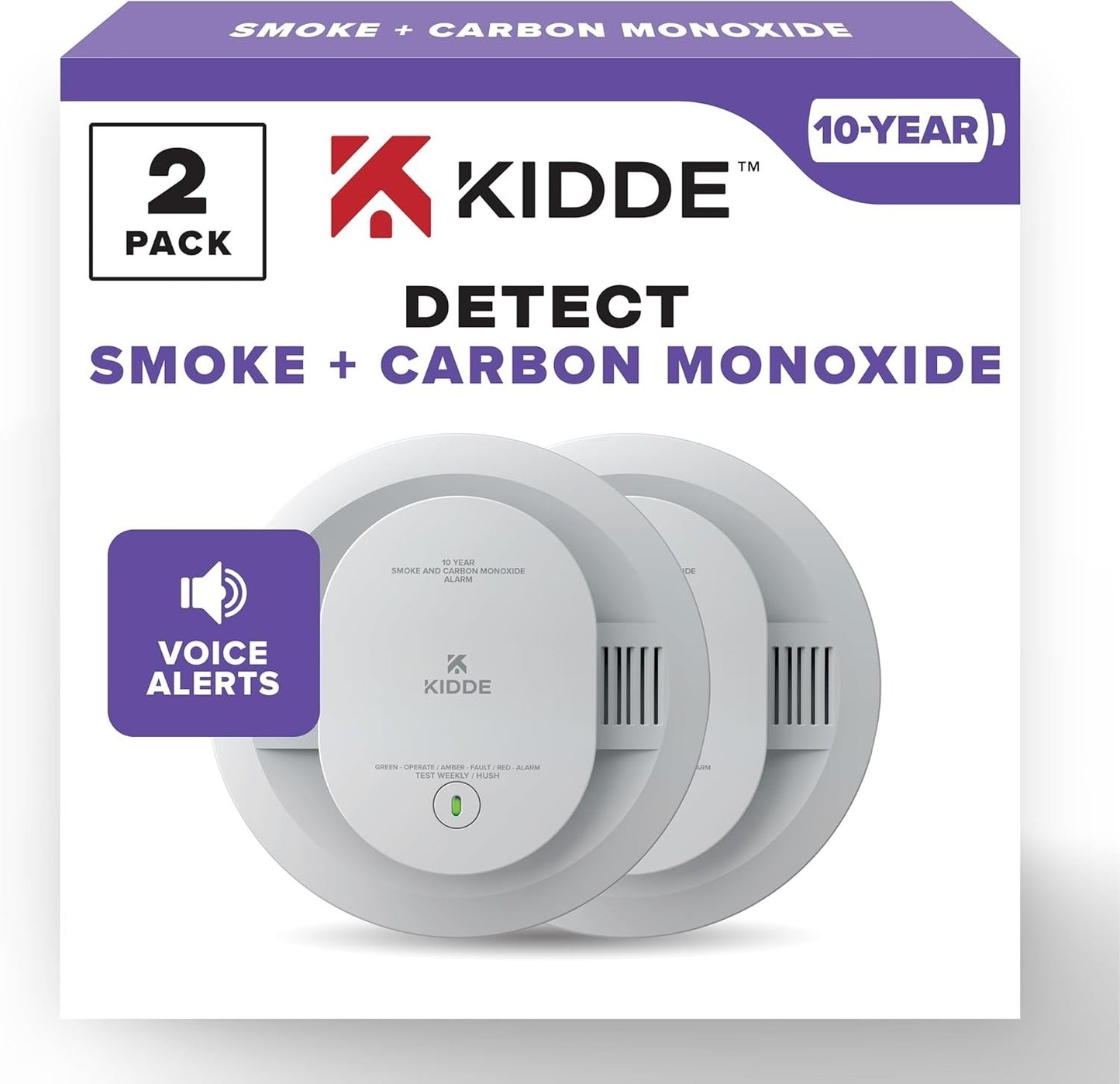 Kidde Smoke & Carbon Monoxide Detector (30CUD10-V), (New, 2 Pack, 10 yr, Voice)