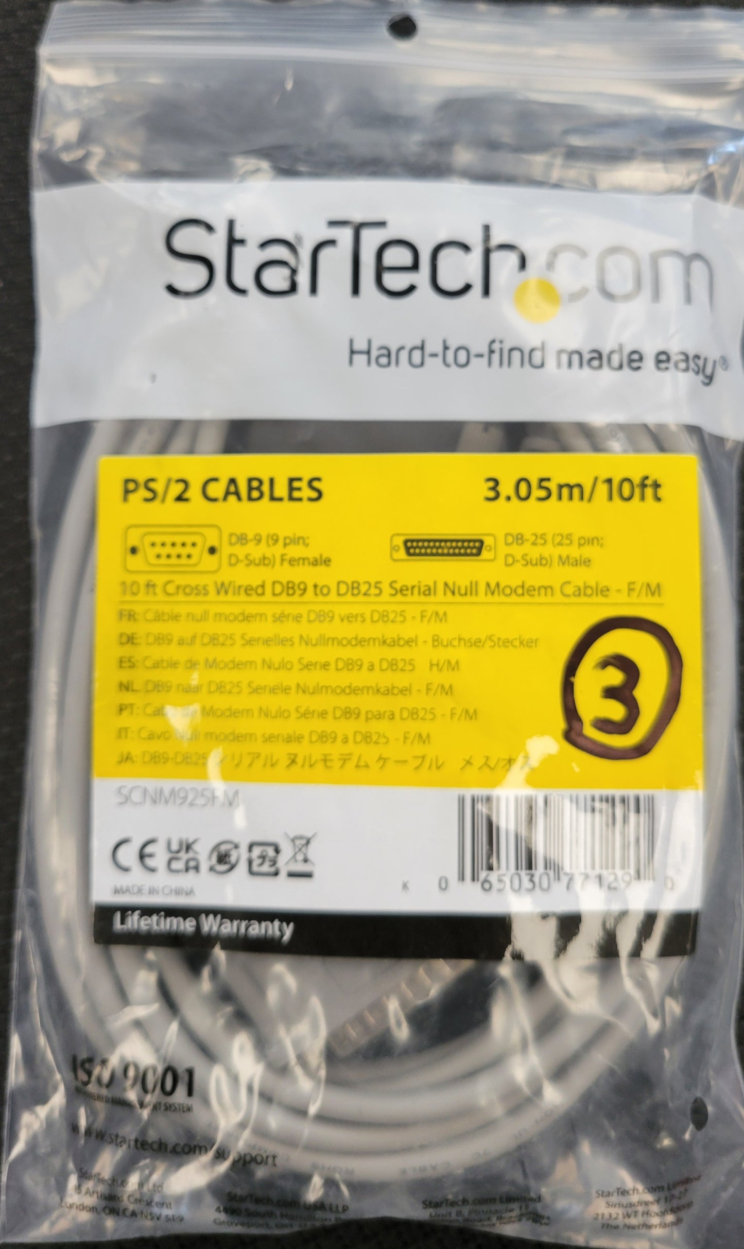 StarTech 10ft PS/2 (DB9 female - DB-25 male) Serial Null Modem Cable - New!