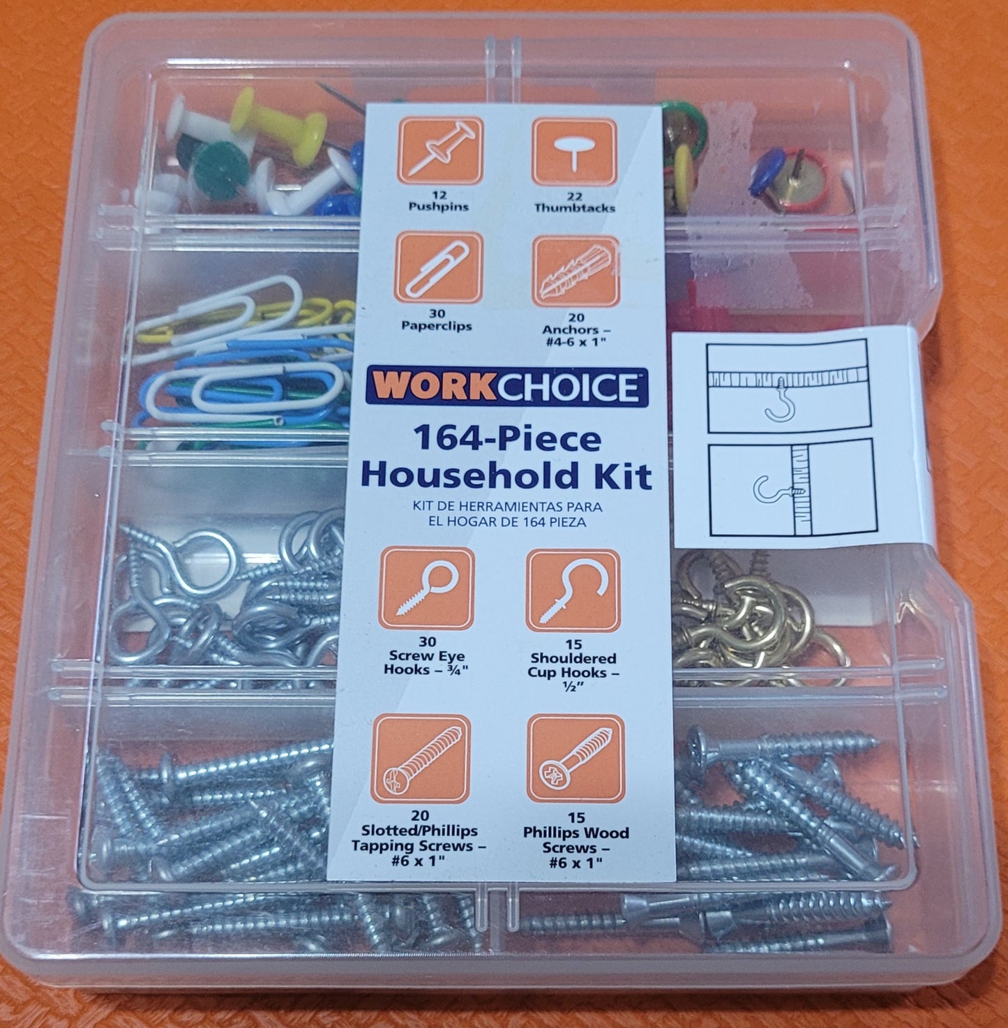 Workchoice 164-pcs Household Kit - Thumbtacks, Pushpins, Screws, Hooks & More!